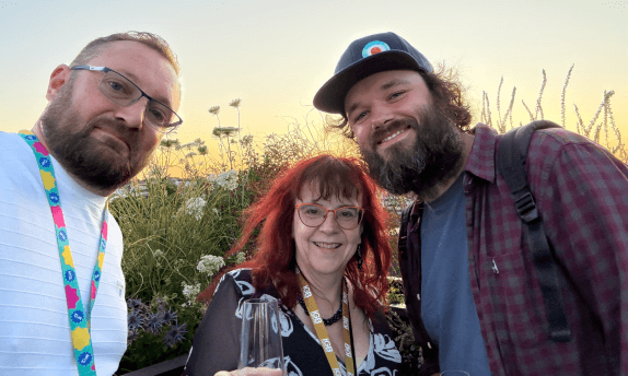 Chris Humphries, Sue Dawson and Harrison Score of FTD Digital at the Super Group party, July 2025